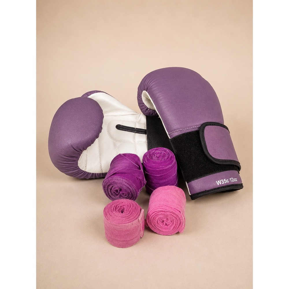 12oz Purple Boxing Gloves Set Pink Wraps Women Kickboxing MMA Training Gear